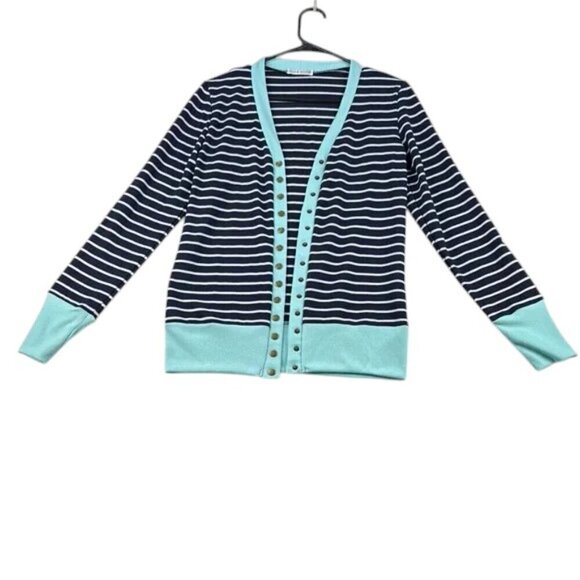 Coco & Main Cardigan Sweater Size L Blue White Aqua Striped Lightweight - Picture 1 of 7